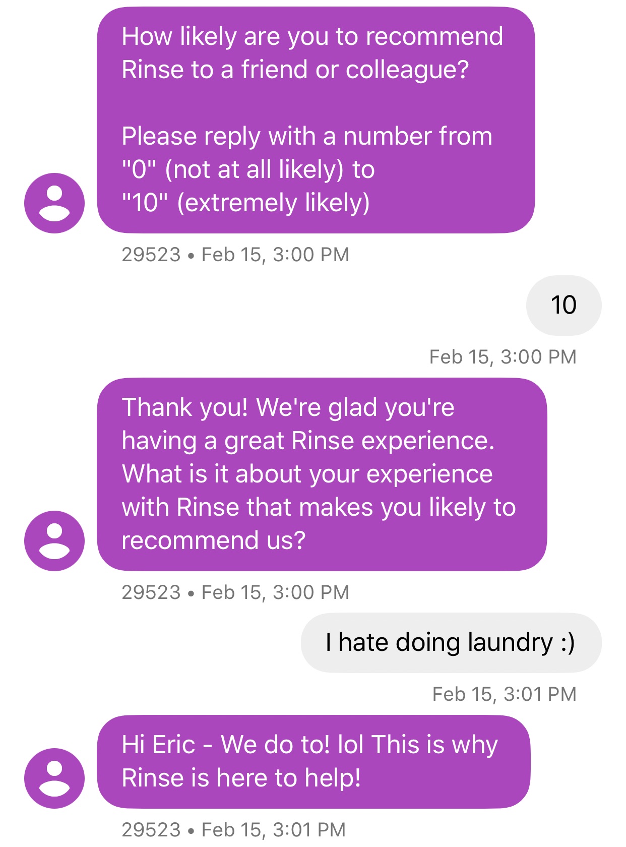 Rinse text message screenshot